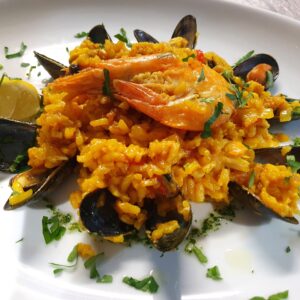 SEAFOOD PAELLA rice with prawns, mussels, squid, salmon (GF)