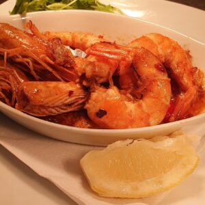 GAMBAS pan fried in garlic butter or pil pil sauce served with toasted French bread (GF opt)